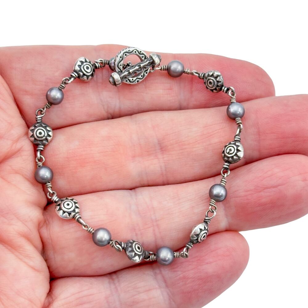 Vintage Sterling Silver 925 Gray Pearl Toggle Bracelet 7"
